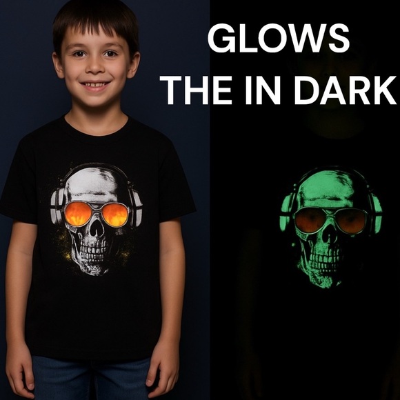 Halloween Glow In The Dark Rockin' Out Kids Medium Shirt Black Skull Size 8 - Picture 1 of 9